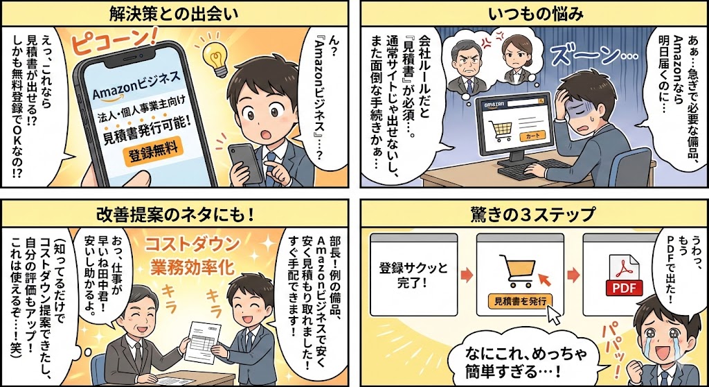 「Amazonで見積書、出せたらなぁ…」と思ったことありませんか？

会社の備品をAmazonで買おうと思ったけど、
「見積書が出せないから申請できない…」なんて経験、ありませんか？

実はこれ、Amazonビジネスを使えばサクッと解決できちゃうんです。
登録は無料だし、数ステップで見積書のPDFもすぐに発行できました！

知ってるだけでコストダウンを会社に提案できるし、すぐ利用出来るから改善提案のネタにも最適でした笑

この記事では、Amazonビジネスの登録方法から見積書の出し方まで、初心者の方にもわかりやすくまとめています。
動画での解説もあるので、初めての方も安心してくださいね。