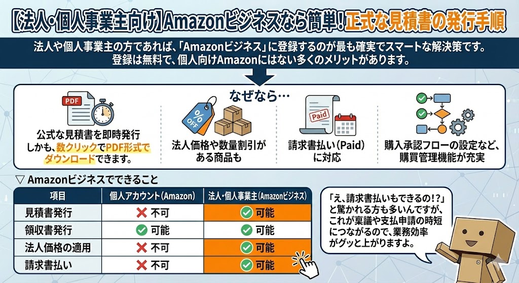 【法人・個人事業主向け】Amazonビジネスなら簡単！正式な見積書の発行手順

法人や個人事業主の方であれば、「Amazonビジネス」に登録するのが最も確実でスマートな解決策です。登録は無料で、個人向けAmazonにはない多くのメリットがあります。

なぜなら…





公式な見積書を即時発行

法人価格や数量割引がある商品も

請求書払い（Paid）に対応

購入承認フローの設定など、購買管理機能が充実

しかも、数クリックでPDF形式でダウンロードできます。

▽ Amazonビジネスでできること

個人アカウント

（Amazon）法人・個人事業主

（Amazonビジネス）見積書発行不可可能領収書発行可能可能法人価格の適用不可可能請求書払い不可可能

「え、請求書払いもできるの！？」と驚かれる方も多いんですが、

これが稟議や支払申請の時短につながるので、業務効率がグッと上がりますよ。