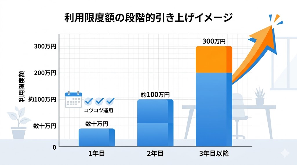 Amazonビジネス請求書払いの利用限度額が3年で300万円まで上昇した軌跡を示すグラフ