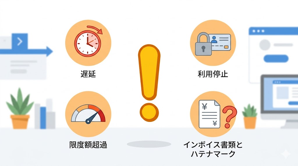 請求書払いを使う際の注意点(遅延・利用停止・限度額超過など)を象徴するイメージ