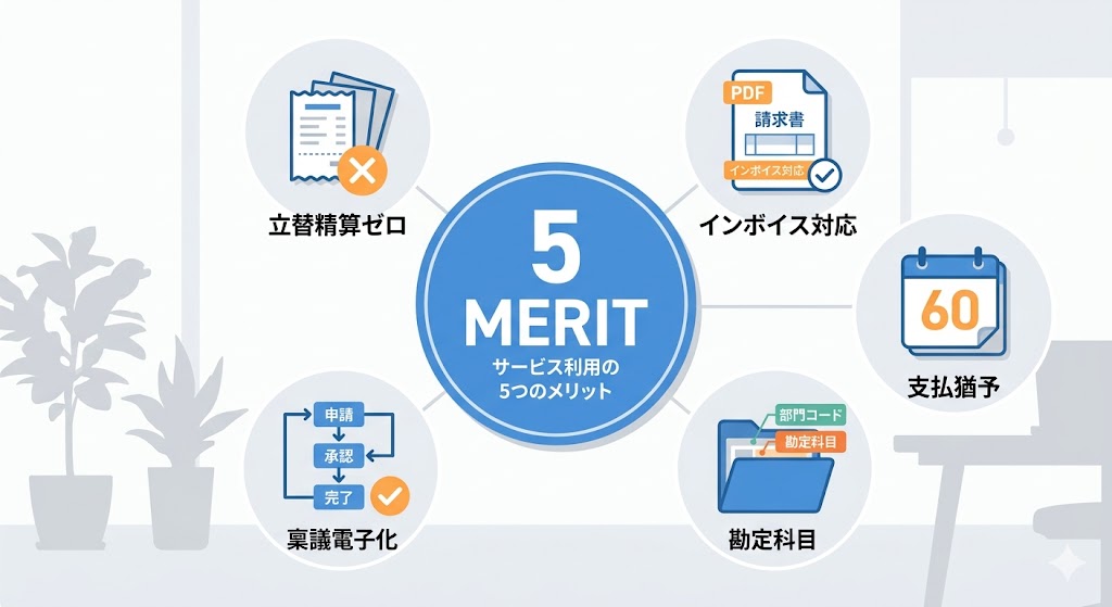 請求書払いのメリット5つを象徴するアイコン群(立替精算・インボイス・支払猶予・部門コード・稟議電子化)