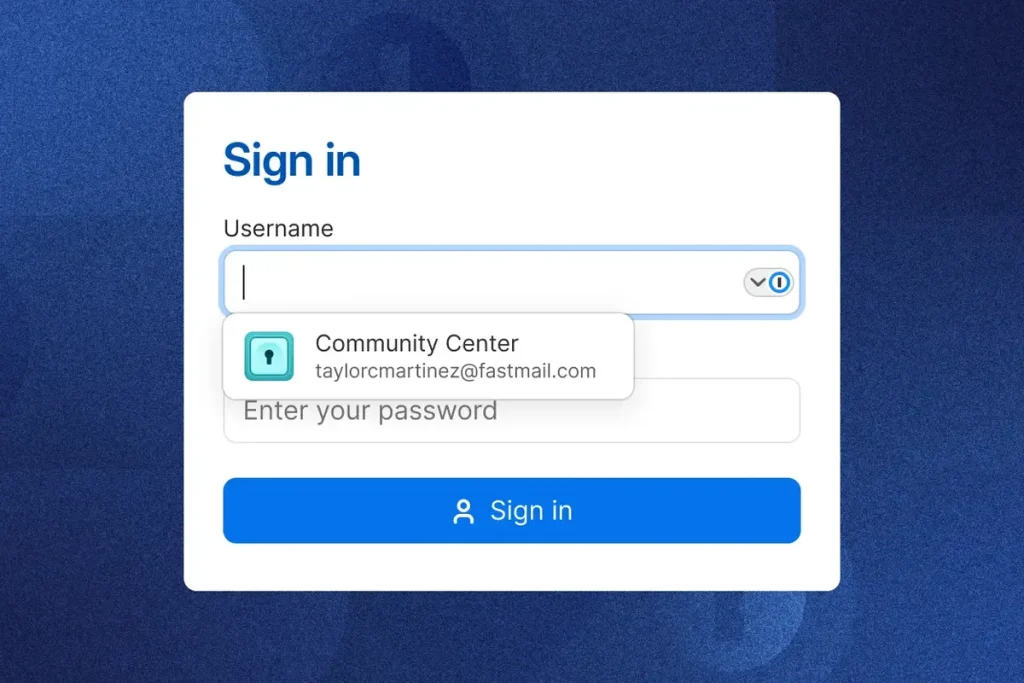 ログイン画面で1Passwordが保存済みアカウントを候補表示する様子