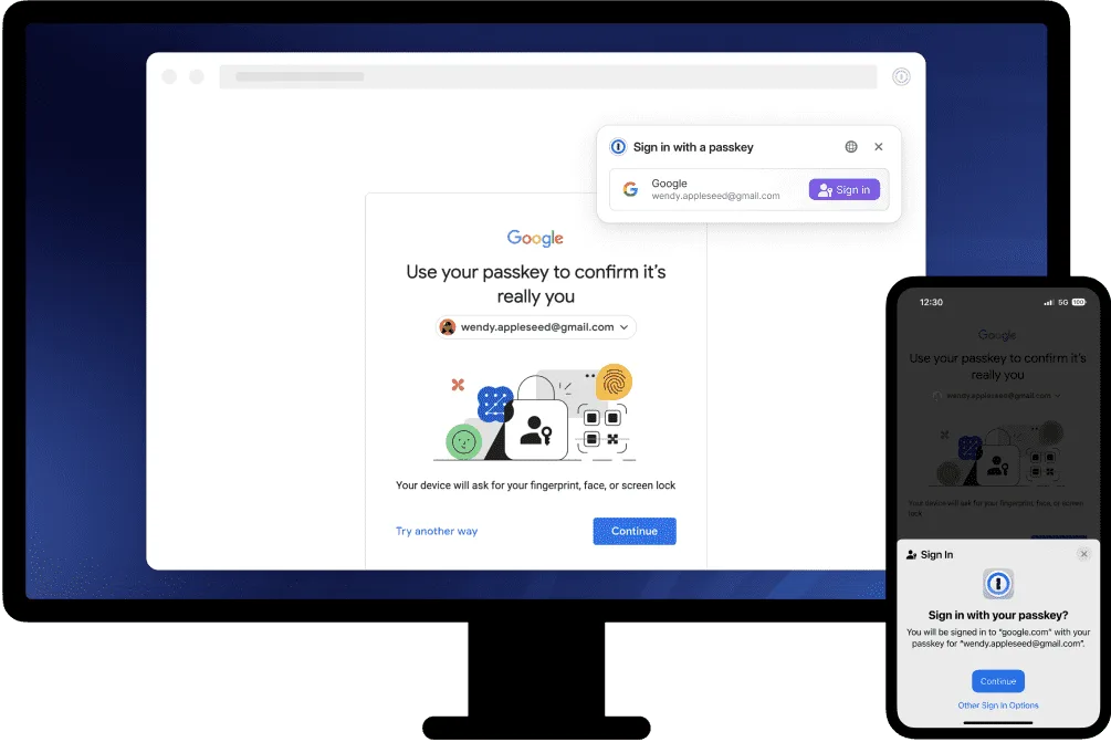 1PasswordでGoogleにパスキーでサインインする画面(PCとスマホ)