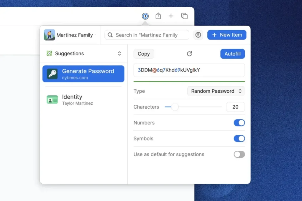 1Passwordのブラウザ拡張でランダムなパスワードを生成する画面