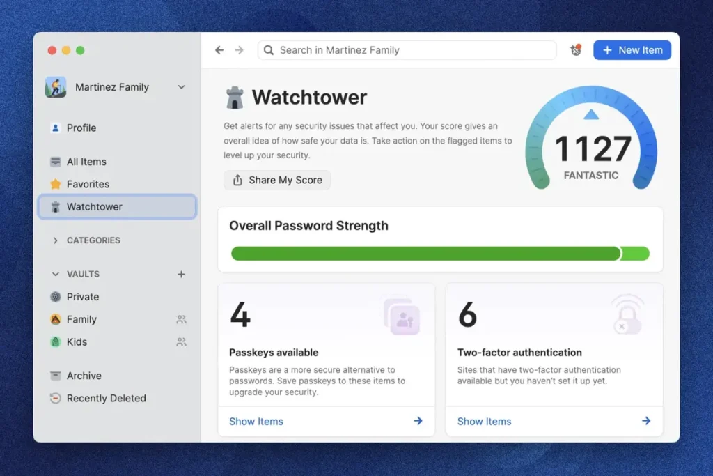 1PasswordのWatchtower画面(2段階認証が未設定のサイト数を表示)