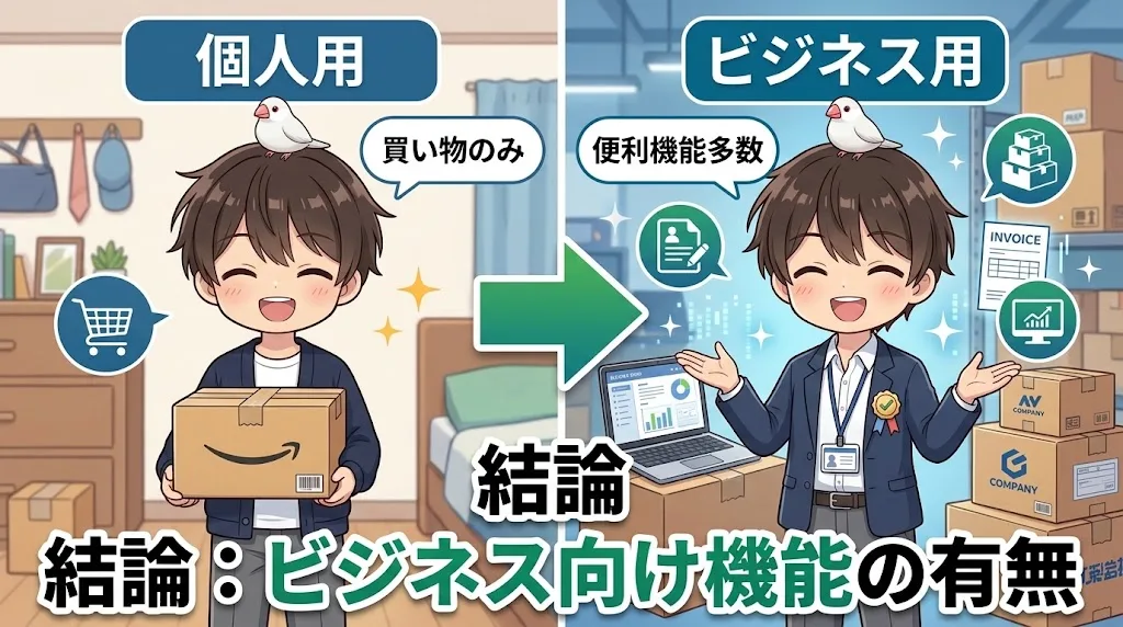 個人用は買い物のみ、ビジネス用は便利機能多数という違いを示す比較イラスト