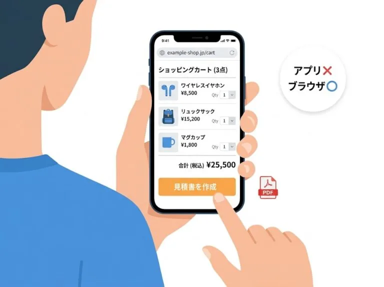 スマホのブラウザでAmazonビジネスのカートからPDF見積書を作成するイメージ（アプリ非対応・ブラウザ対応）