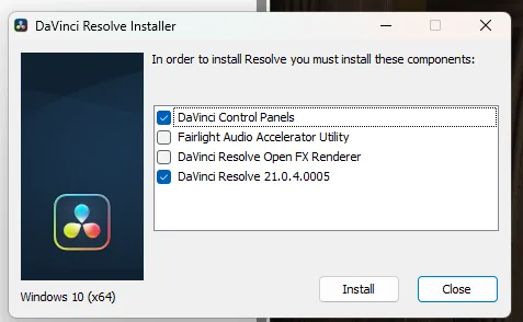 DaVinci Resolveインストーラのコンポーネント選択画面