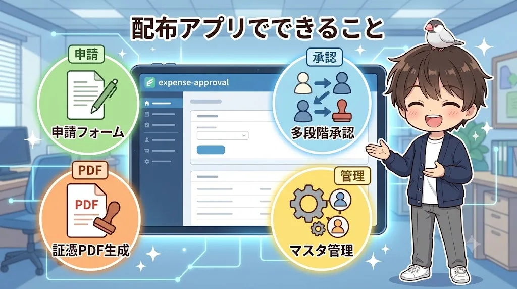 経費精算アプリexpense-approvalの4つの機能図解