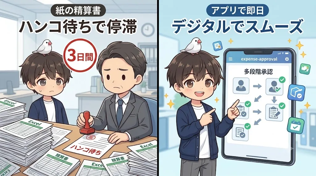 Excel精算書のハンコ待ち3日とアプリ承認の比較