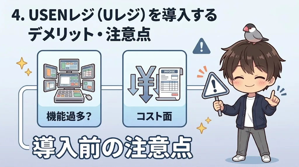 USENレジ導入前の注意点（機能過多とコスト面）を示す図解