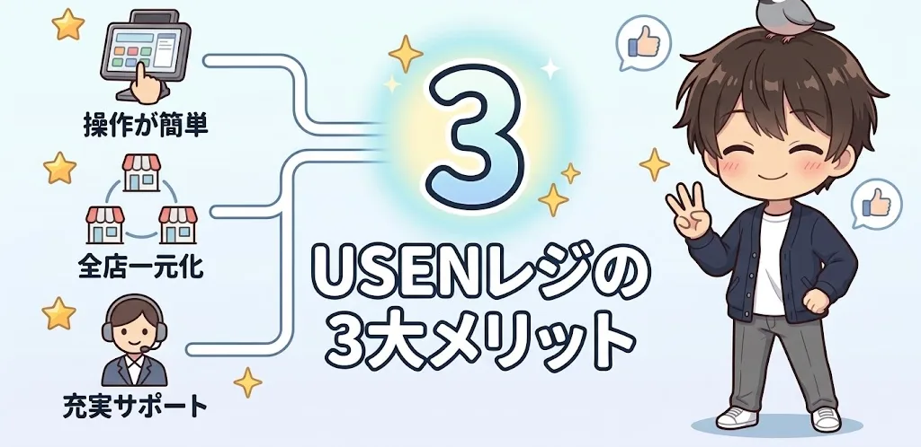 USENレジの3大メリット（操作が簡単・全店一元化・充実サポート）