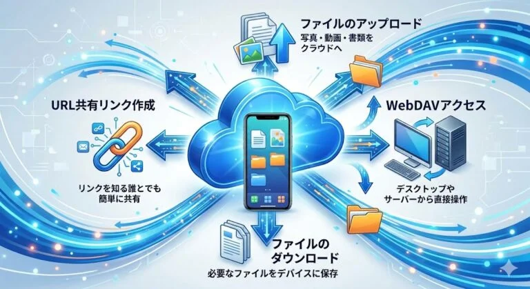 XServerドライブの使い方（アップロード・URL共有・WebDAV・ダウンロード）概念図