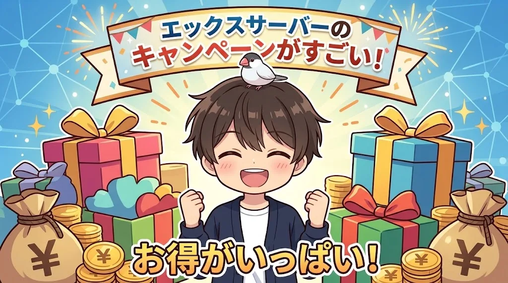 エックスサーバーのキャンペーンでお得がいっぱいと喜ぶよっちんのイラスト