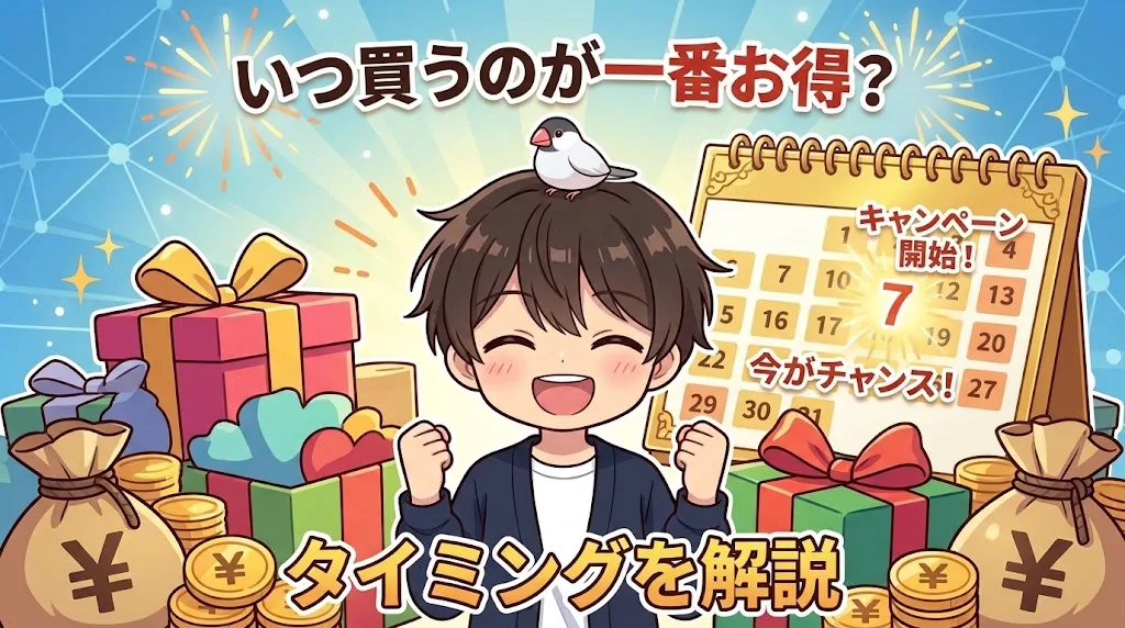 カレンダーとキャンペーン開始の文字を背に、いつ買うのが一番お得かを解説するよっちんのイラスト